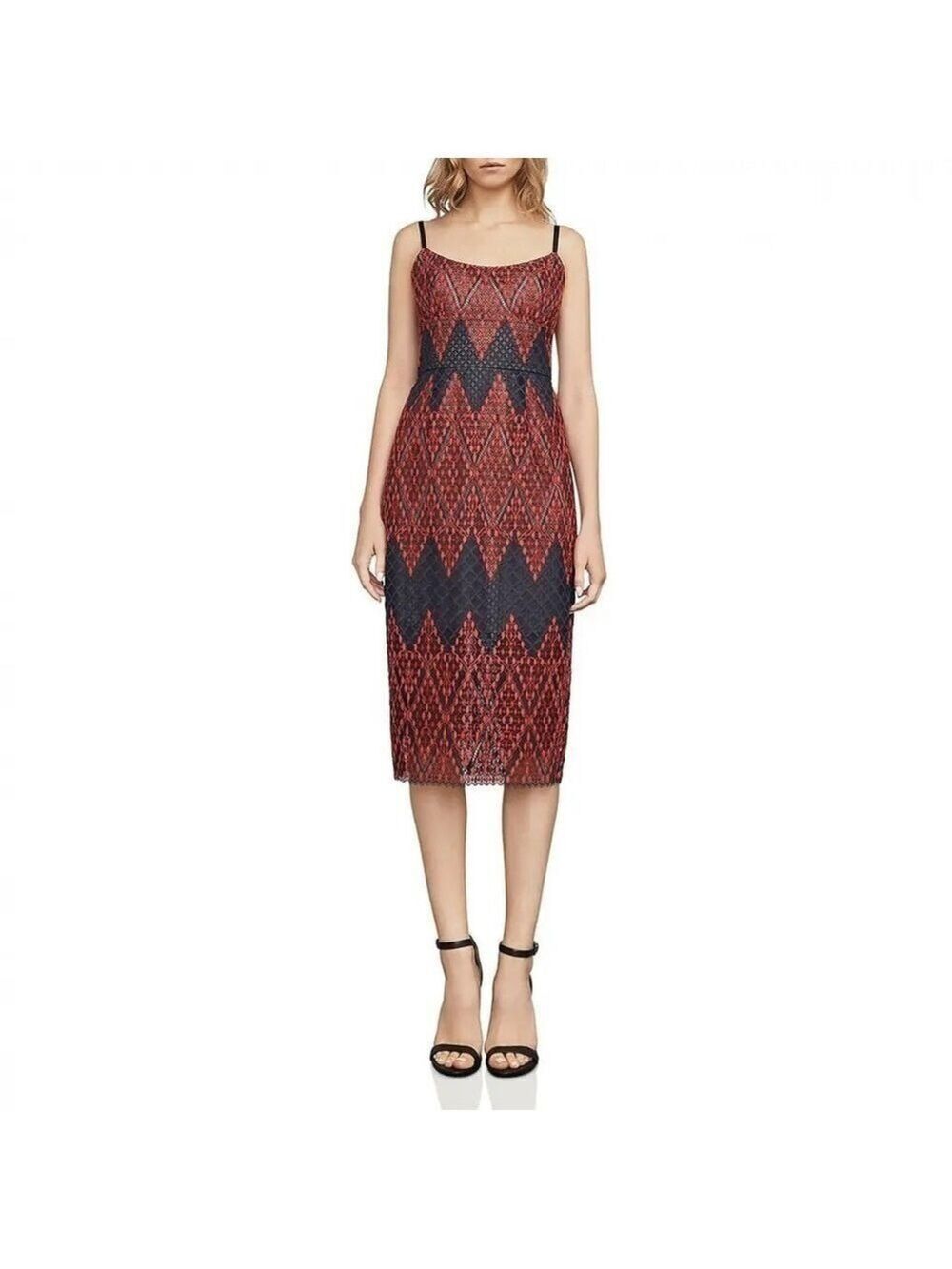 BCBG MAXAZRIA Alese Red and Black Lace Cocktail Midi Dress 
Size 4
